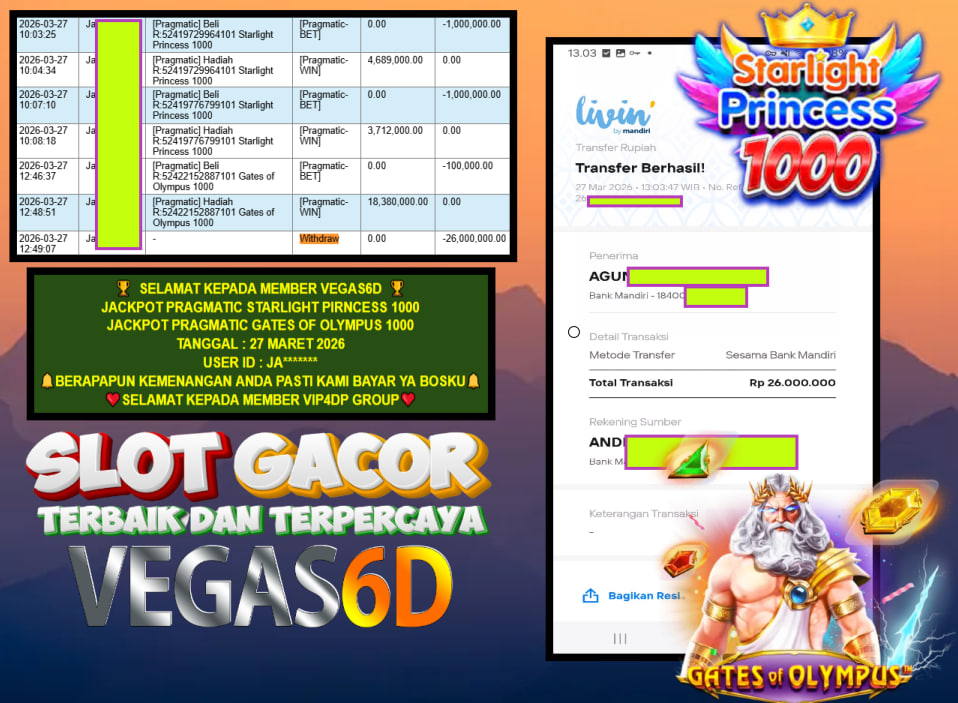 VEGAS6D JACKPOT JACKPOT PRAGMATIC STARLIGHT PIRNCESS 1000 & PRAGMATIC GATES OF OLYMPUS 1000 Rp.26.000.000,- LUNAS