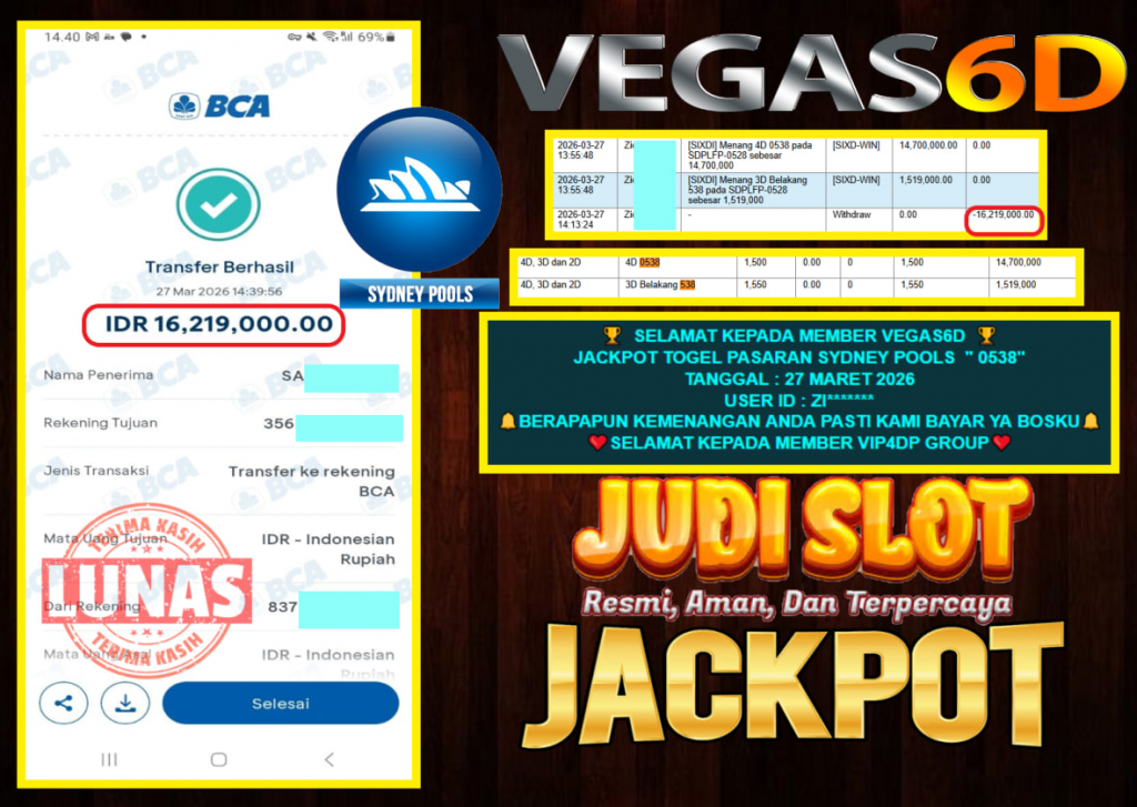 VEGAS6D JACKPOT TOGEL PASARAN SYDNEY POOLS ” 0538″ Rp.16.219.000,- LUNAS