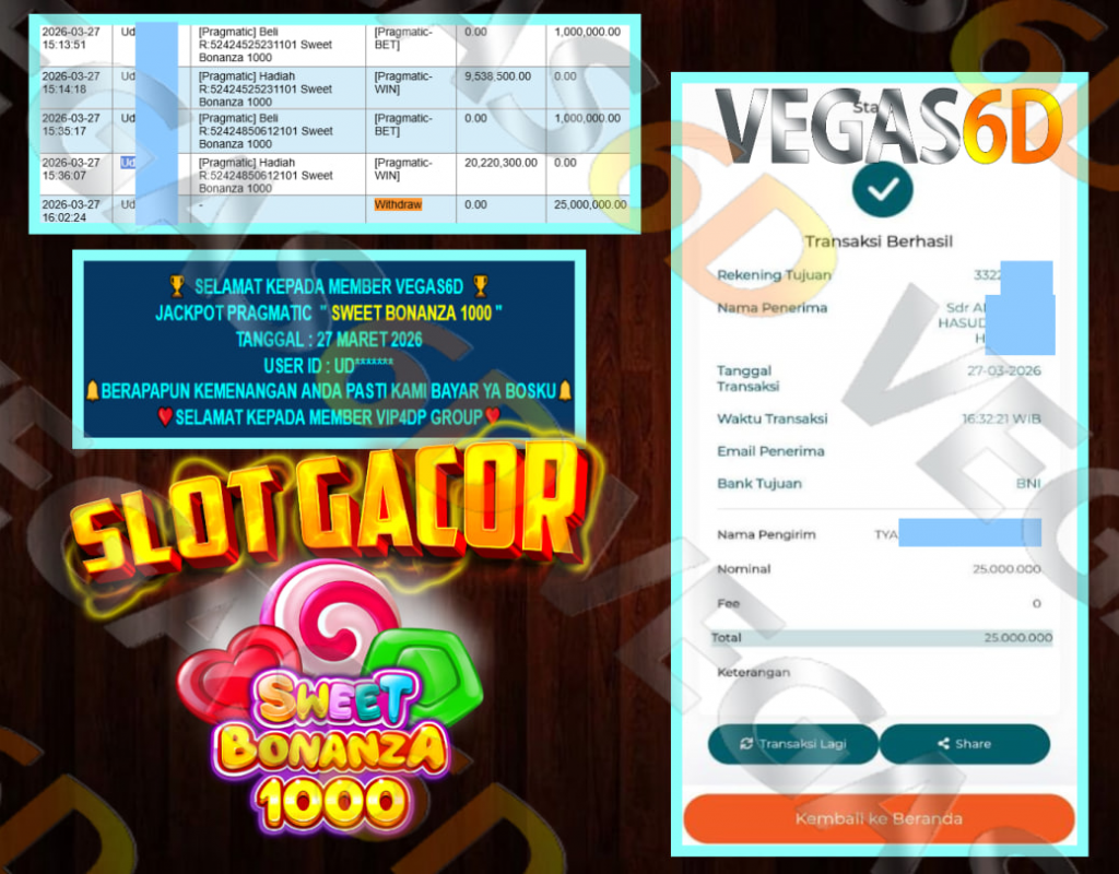 VEGAS6D JACKPOT PRAGMATIC ” SWEET BONANZA 1000 ” Rp.25.000.000,- LUNAS