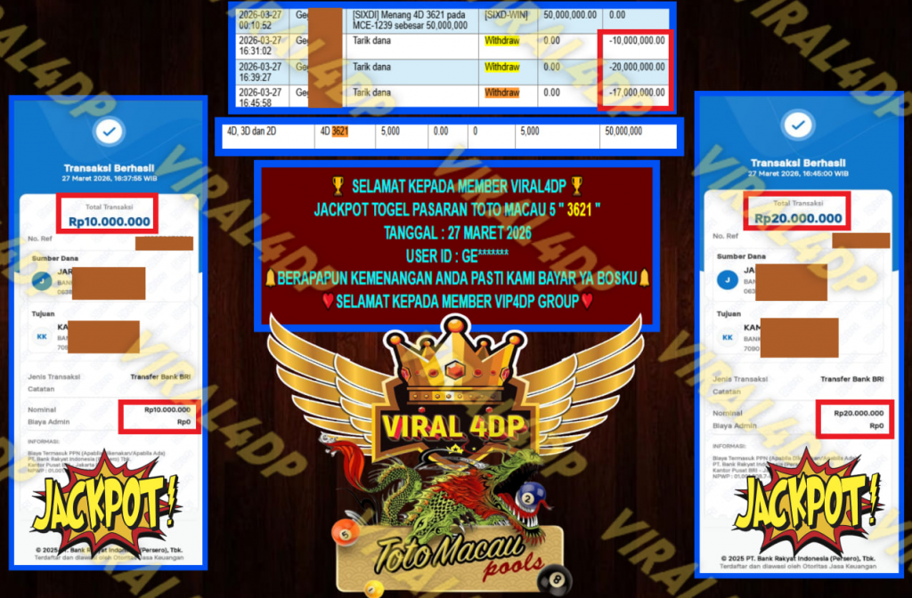 VIRAL4DP JACKPOT TOGEL PASARAN TOTO MACAU 5 ” 3621 ” Rp.47.000.000,- LUNAS