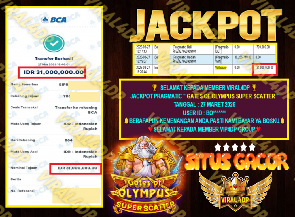 VIRAL4DP JACKPOT PRAGMATIC ” GATES OF OLYMPUS SUPER SCATTER ” Rp.31.000.000,- LUNAS