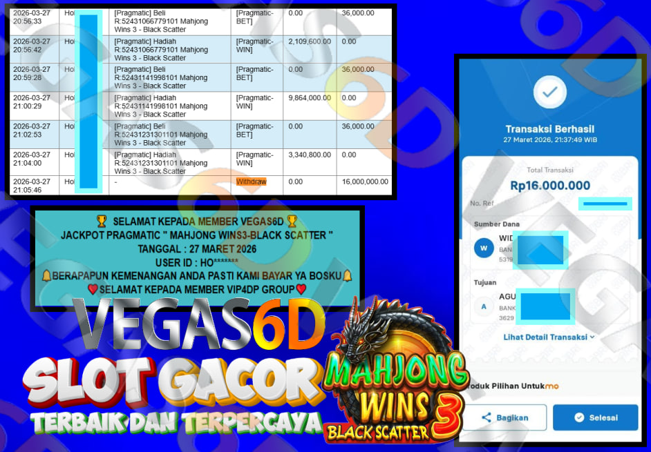 VEGAS6D JACKPOT PRAGMATIC ” MAHJONG WINS3-BLACK SCATTER ” Rp.16.000.000,- LUNAS