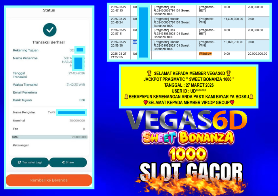 VEGAS6D JACKPOT PRAGMATIC ” SWEET BONANZA 1000 ” Rp.20.000.000,- LUNAS