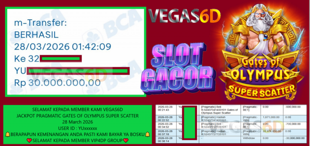 VEGAS6D JACKPOT PRAGMATIC GATES OF OLYMPUS SUPER SCATTER Rp.30.000.000,- LUNAS