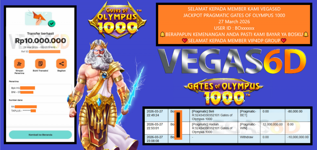VEGAS6D JACKPOT PRAGMATIC GATES OF OLYMPUS 1000 Rp.10.000.000,- LUNAS