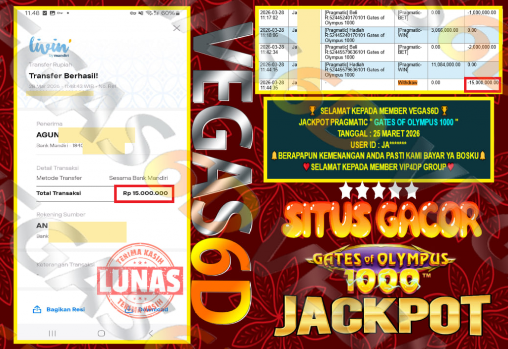 VEGAS6D JACKPOT PRAGMATIC ” GATES OF OLYMPUS 1000 ” Rp.15.000.000,- LUNAS