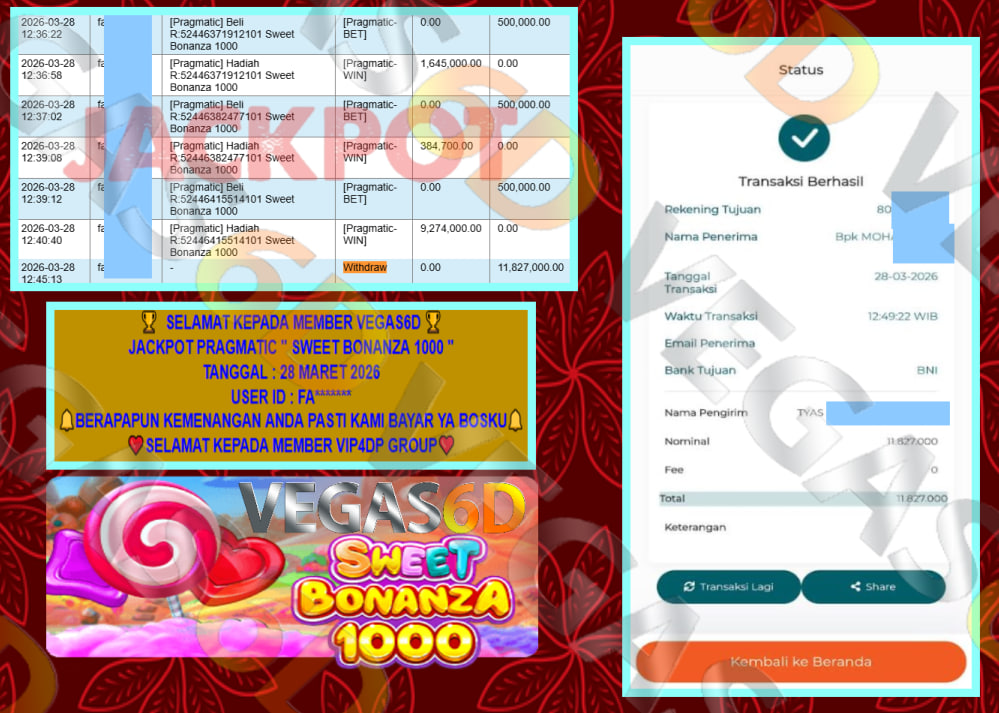 VEGAS6D JACKPOT PRAGMATIC ” SWEET BONANZA 1000 ” Rp.11.827.000,- LUNAS