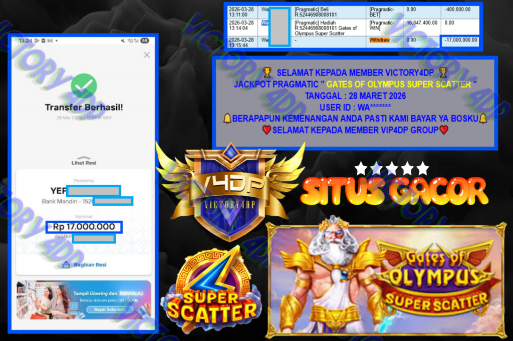 VICTORY4DP JACKPOT PRAGMATIC ” GATES OF OLYMPUS SUPER SCATTER ” Rp.17.000.000,- LUNAS