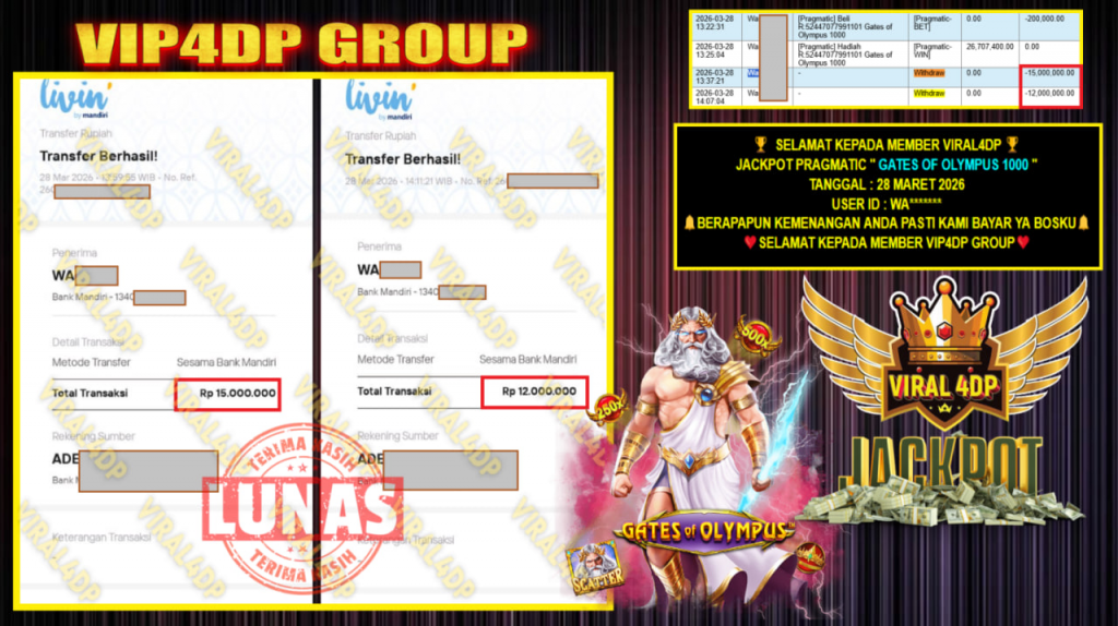 VIRAL4DP JACKPOT PRAGMATIC ” GATES OF OLYMPUS 1000 ” Rp.27.000.000,- LUNAS