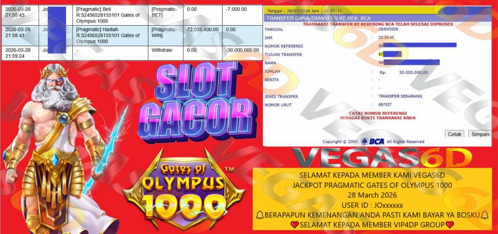 VEGAS6D JACKPOT PRAGMATIC GATES OF OLYMPUS 1000 Rp.70.000.000,- LUNAS