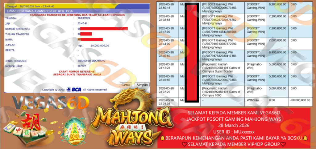 VEGAS6D JACKPOT PGSOFT GAMING MAHJONG WAYS Rp.50.000.000,- LUNAS
