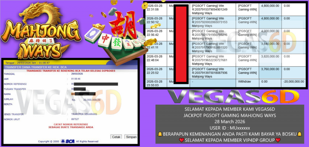 VEGAS6D JACKPOT PGSOFT GAMING MAHJONG WAYS Rp.20.000.000,- LUNAS