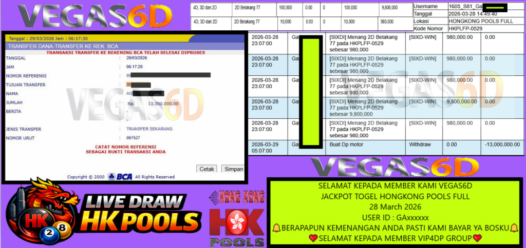 VEGAS6D JACKPOT TOGEL HONGKONG POOLS FULL Rp.13.000.000,- LUNAS