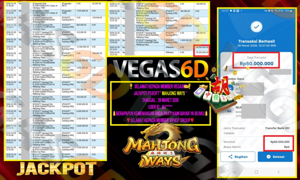 VEGAS6D JACKPOT PGSOFT ” MAHJONG WAYS ” Rp.80.000.000,- LUNAS