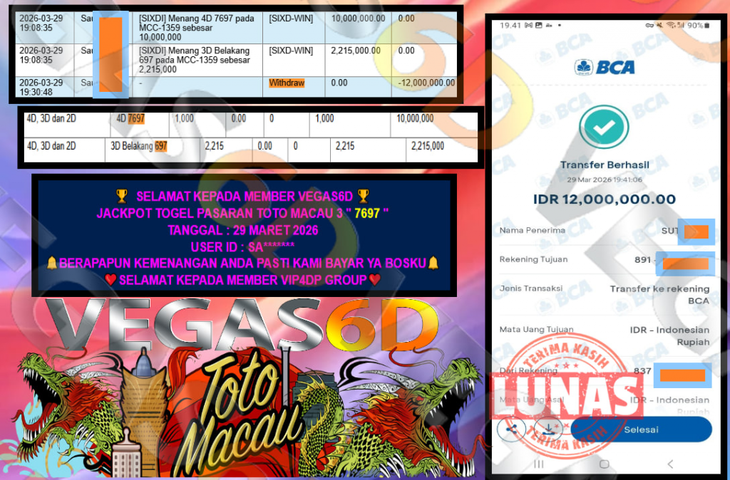 VEGAS6D JACKPOT TOGEL PASARAN TOTO MACAU 3 ” 7697 ” Rp.12.000.000,- LUNAS