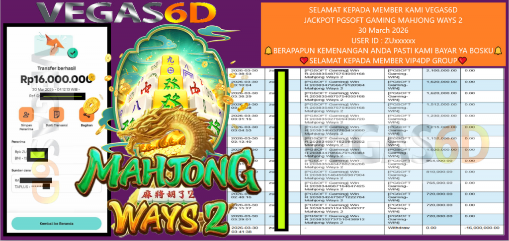 VEGAS6D JACKPOT PGSOFT GAMING MAHJONG WAYS 2 Rp.16.000.000,- LUNAS
