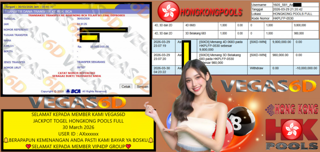 VEGAS6D JACKPOT TOGEL HONGKONG POOLS FULL Rp.10.000.000,- LUNAS