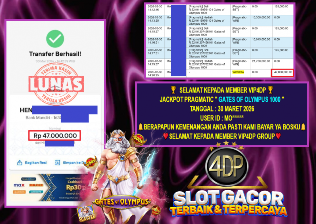 VIP4DP JACKPOT PRAGMATIC ” GATES OF OLYMPUS 1000 ” Rp.47.000.000,- LUNAS