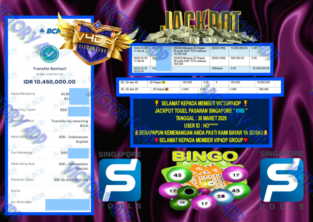 VICTORY4DP JACKPOT TOGEL PASARAN SINGAPORE ” 8685 ” Rp.10.450.000,- LUNAS
