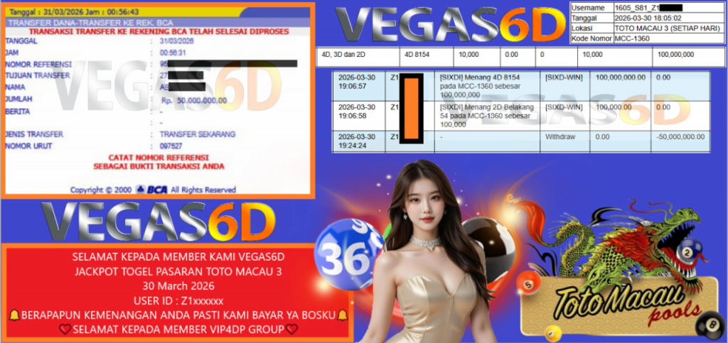 VEGAS6D JACKPOT TOGEL PASARAN TOTO MACAU 3 Rp.105.000.000,- LUNAS