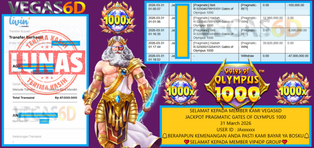 VEGAS6D JACKPOT PRAGMATIC GATES OF OLYMPUS 1000 Rp.47.000.000,- LUNAS
