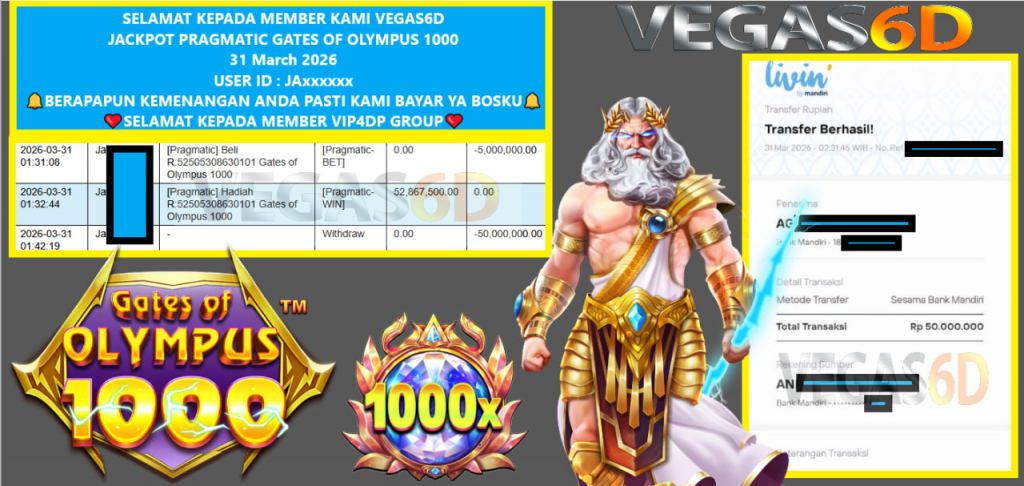VEGAS6D JACKPOT PRAGMATIC GATES OF OLYMPUS 1000 Rp.50.000.000,- LUNAS