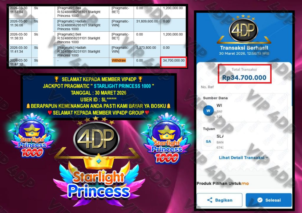 VIP4DP JACKPOT PRAGMATIC ” STARLIGHT PRINCESS 1000 ” Rp.34.700.000,- LUNAS