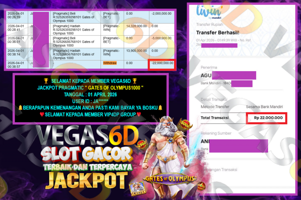 VEGAS6D JACKPOT PRAGMATIC ” GATES OF OLYMPUS 1000 ” Rp.22.000.000,- LUNAS