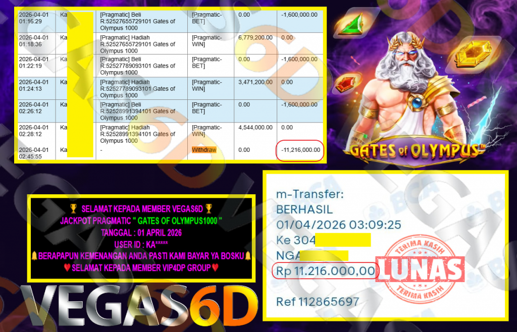 VEGAS6D JACKPOT PRAGMATIC ” GATES OF OLYMPUS 1000 ” Rp.11.216.000,- LUNAS