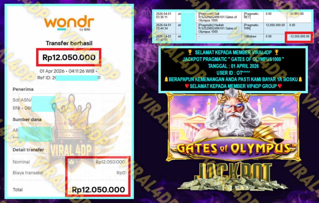VIRAL4DP JACKPOT PRAGMATIC ” GATES OF OLYMPUS 1000 ” Rp.12.050.000,- LUNAS