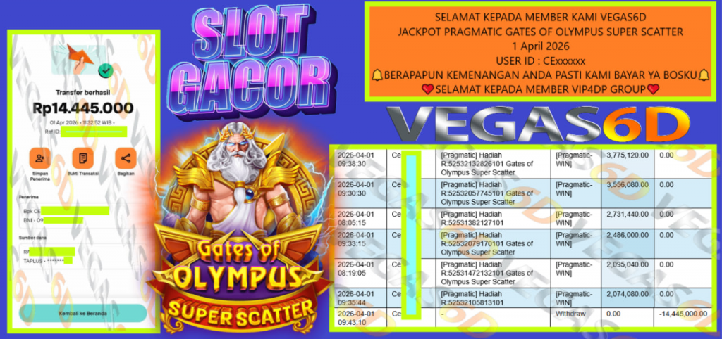 VEGAS6D JACKPOT PRAGMATIC GATES OF OLYMPUS SUPER SCATTER Rp.14.445.000,- LUNAS