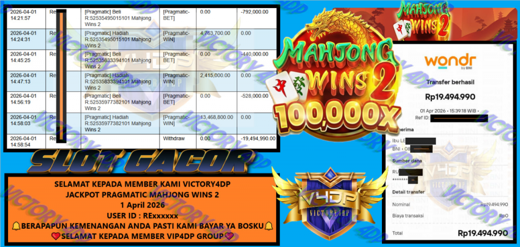 VICTORY4DP JACKPOT PRAGMATIC MAHJONG WINS 2 Rp.19.494.990,- LUNAS