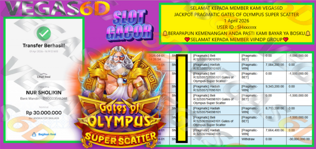 VEGAS6D JACKPOT PRAGMATIC GATES OF OLYMPUS SUPER SCATTER Rp.30.000.000,- LUNAS