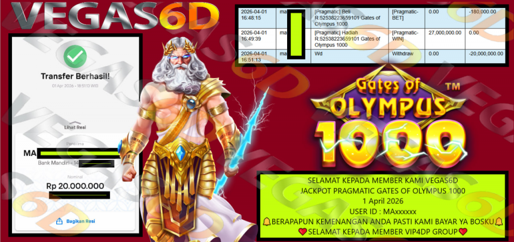 VEGAS6D JACKPOT PRAGMATIC GATES OF OLYMPUS 1000 Rp.20.000.000,- LUNAS