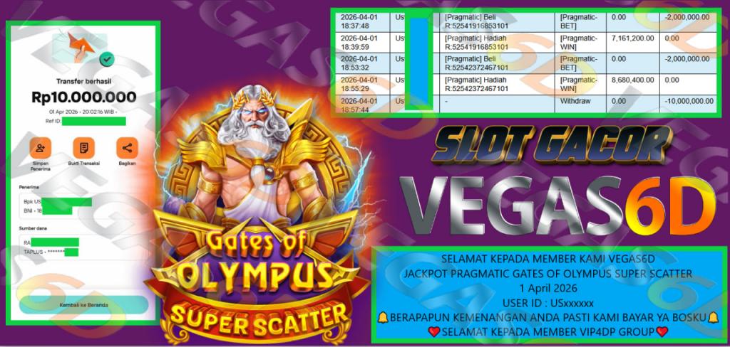 VEGAS6D JACKPOT PRAGMATIC GATES OF OLYMPUS SUPER SCATTER Rp.10.000.000,- LUNAS