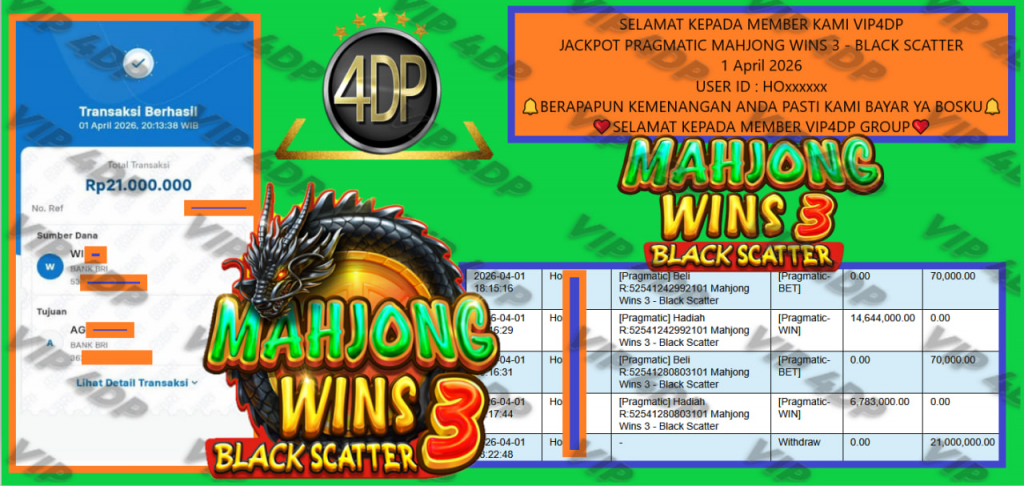 VIP4DP JACKPOT PRAGMATIC MAHJONG WINS 3 – BLACK SCATTER Rp.21.000.000,- LUNAS