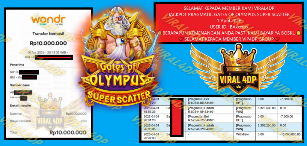 VIRAL4DP JACKPOT PRAGMATIC GATES OF OLYMPUS SUPER SCATTER Rp.10.000.000,- LUNAS