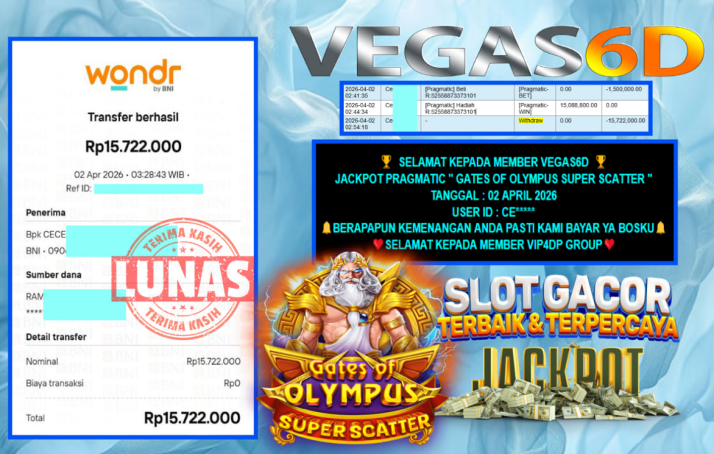 VEGAS6D JACKPOT PRAGMATIC ” GATES OF OLYMPUS SUPER SCATTER ” Rp.15.722.000,- LUNAS