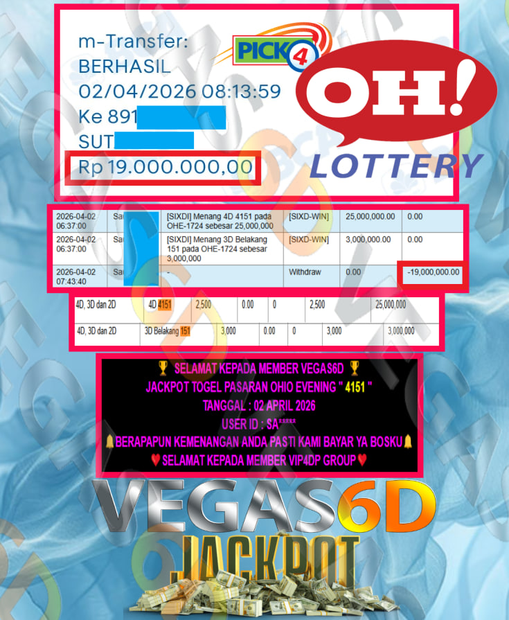 VEGAS6D JACKPOT TOGEL PASARAN OHIO EVENING ” 4151 ” Rp.19.000.000,- LUNAS