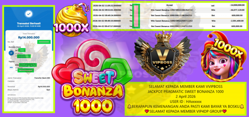 VVIPBOSS JACKPOT PRAGMATIC SWEET BONANZA 1000 Rp.14.000.000,- LUNAS
