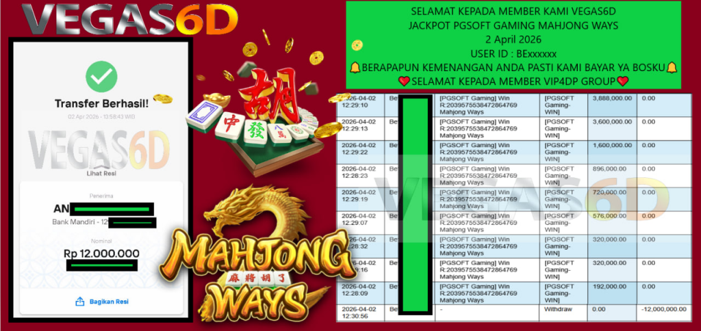 VEGAS6D JACKPOT PGSOFT GAMING MAHJONG WAYS Rp.12.000.000,- LUNAS