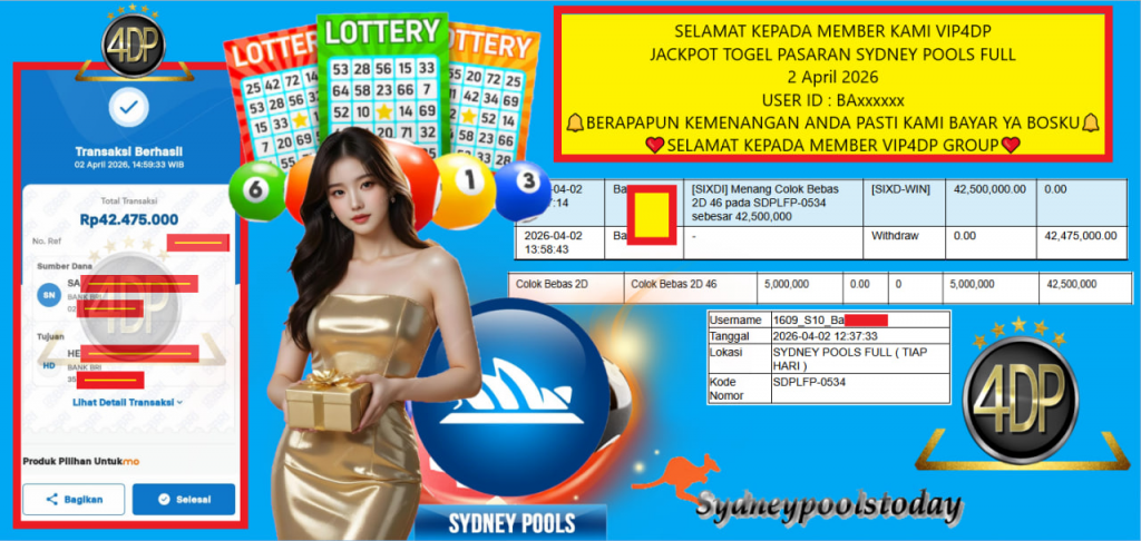 VIP4DP JACKPOT TOGEL PASARAN SYDNEY POOLS FULL Rp.42.475.000,- LUNAS