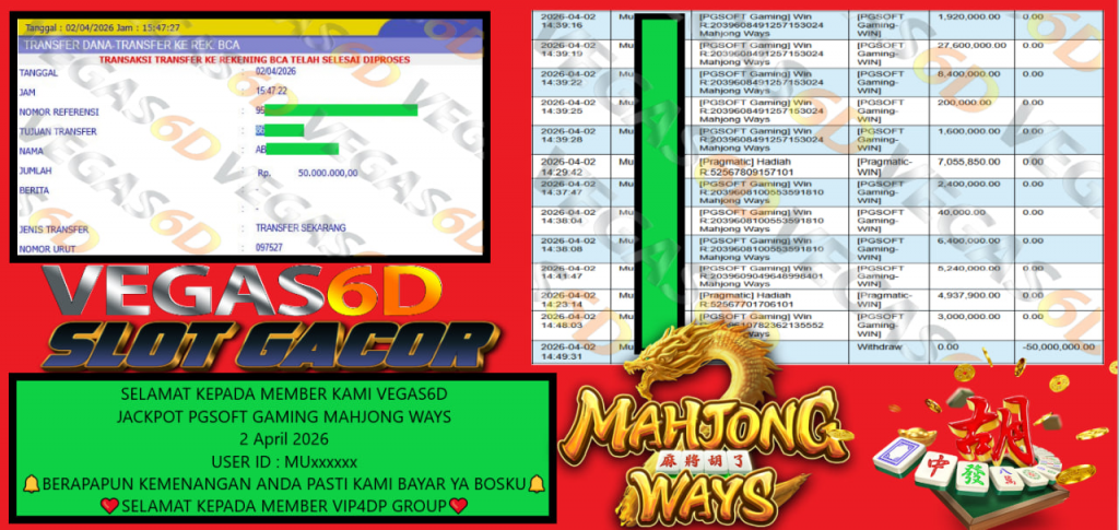 VEGAS6D JACKPOT PGSOFT GAMING MAHJONG WAYS Rp.50.000.000,- LUNAS