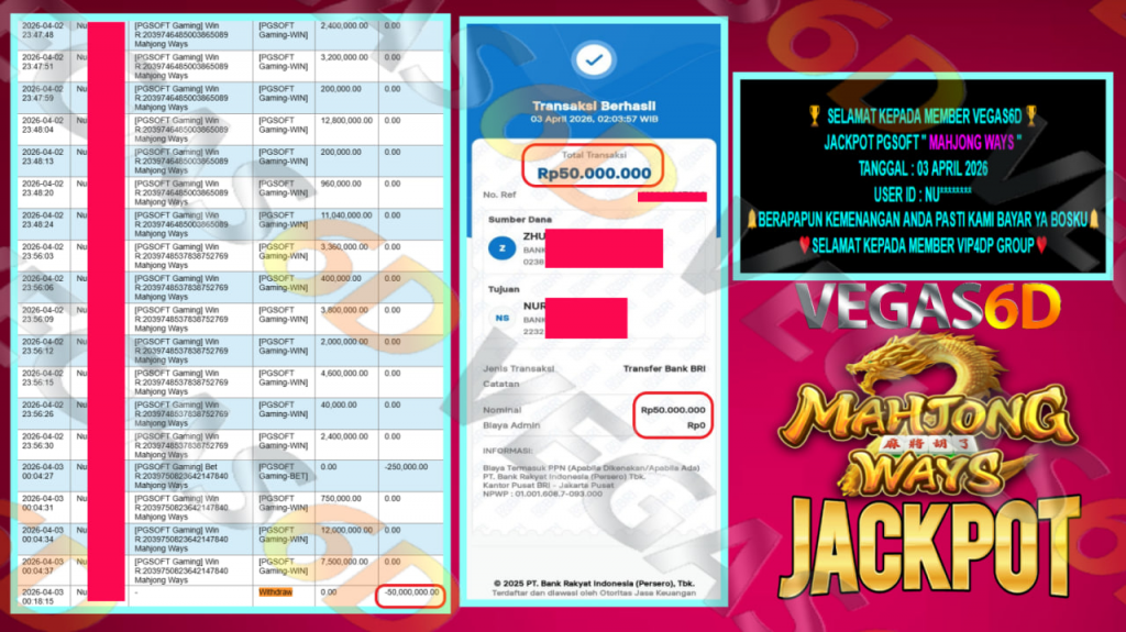 VEGAS6D JACKPOT PGSOFT ” MAHJONG WAYS ” Rp.50.000.000,- LUNAS