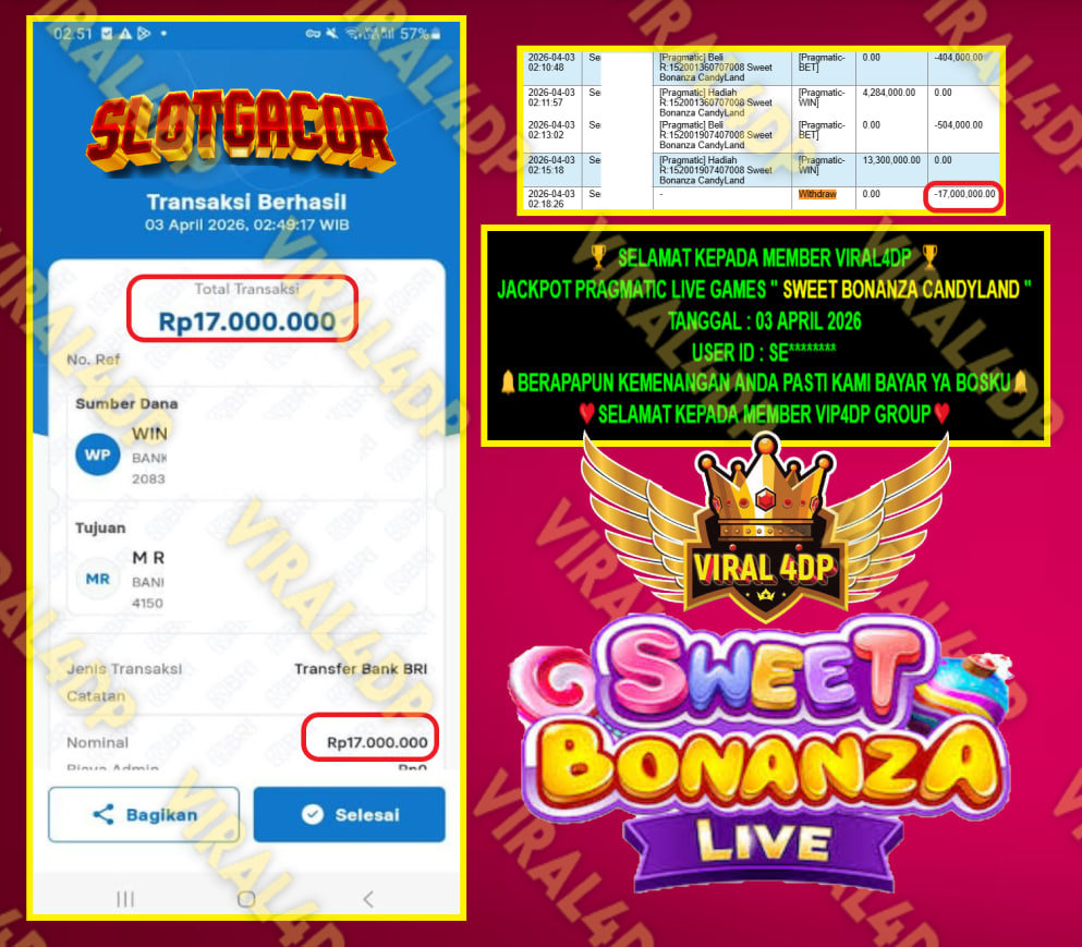 VIRAL4DP JACKPOT PRAGMATIC LIVE GAMES ” SWEET BONANZA CANDYLAND ” Rp.17.000.000,- LUNAS