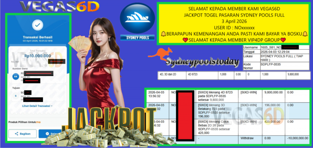 VEGAS6D JACKPOT TOGEL PASARAN SYDNEY POOLS FULL Rp.10.000.000,- LUNAS