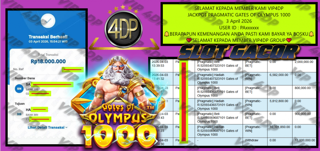 VIP4DP JACKPOT PRAGMATIC GATES OF OLYMPUS 1000 Rp.18.000.000,- LUNAS
