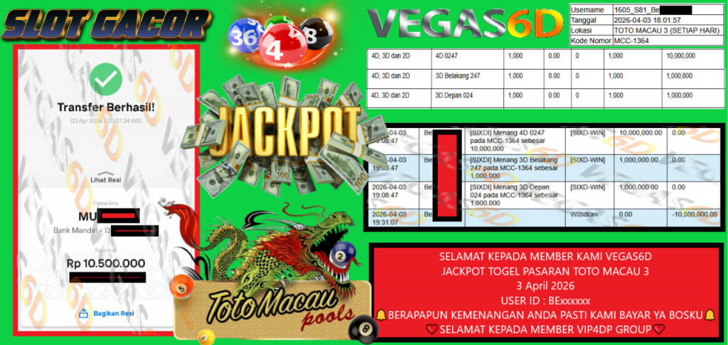 VEGAS6D JACKPOT TOGEL PASARAN TOTO MACAU 3 Rp.10.500.000,- LUNAS