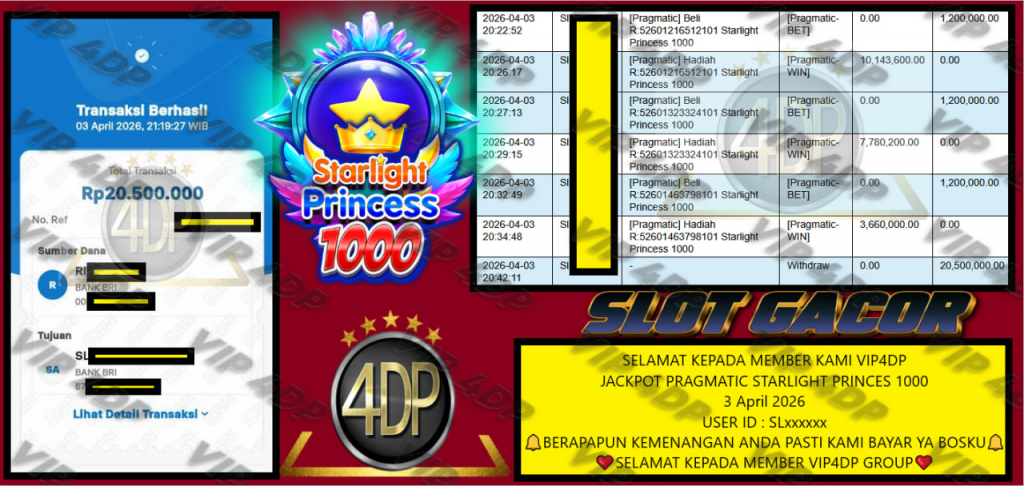 VIP4DP JACKPOT PRAGMATIC STARLIGHT PRINCES 1000 Rp.20.500.000,- LUNAS