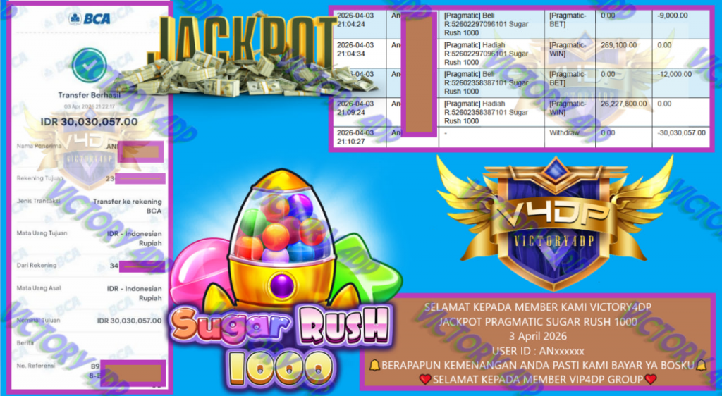 VICTORY4DP JACKPOT PRAGMATIC SUGAR RUSH 1000 Rp.30.030.057,- LUNAS